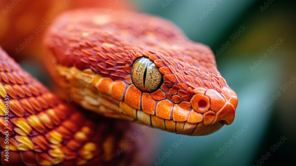 Close-up of a red snake's head, with vibrant red scales and shiny eyes. The background is blurred, Close-up of a red snake's head, with vibrant red scales and shiny eyes. The background is blurred,