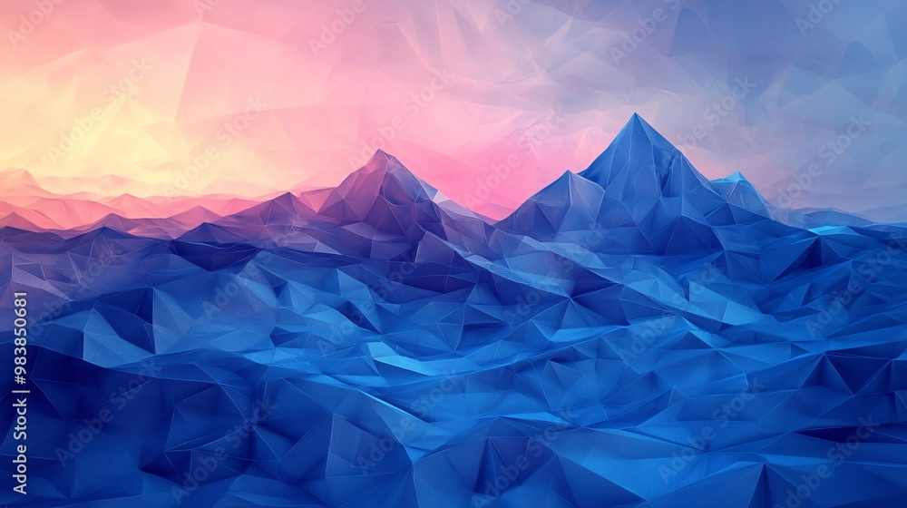 Fototapeta premium Featuring triangular shapes and a gradient sky, the low-poly abstract geometric landscape creates a striking abstract geometric background