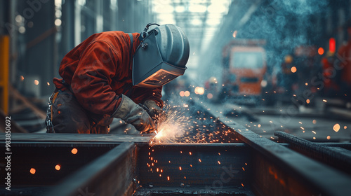 A focused scene of a welder working on metal beams in an industrial setting. Sparks fly as the welder, dressed in protective gear