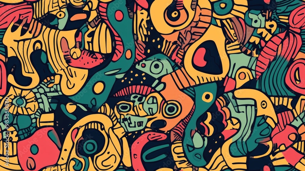 Seamless pattern featuring hand drawn and colored abstract designs Seamless pattern featuring hand drawn and colored abstract designs