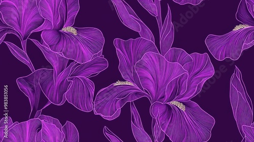 Elegant seamless pattern featuring iris flowers suitable for invitations cards prints gift wrap manufacturing textiles fabrics and wallpapers Created in a continuous line art style #983851056