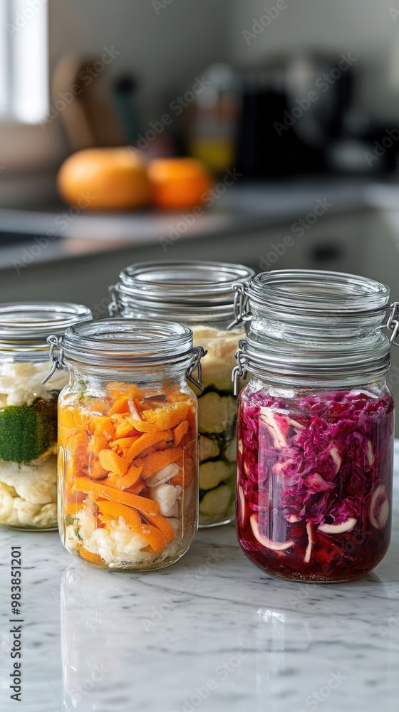 Assorted fermented foods in crystal-clear jars with rich textures and colors neatly displayed on a clean marble surface in a modern kitchen setting perfect for healthy living concepts Assorted fermented foods in crystal-clear jars with rich textures and colors neatly displayed on a clean marble surface in a modern kitchen setting perfect for healthy living concepts