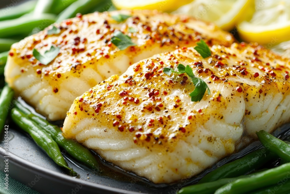 Close-up of Baked Fish with Green Beans and Lemon Garnish Close-up of Baked Fish with Green Beans and Lemon Garnish