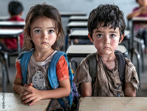 A classroom scene where a neatly dressed child with a shiny new backpack sits next to a child in torn, dirty clothes, their desks side by side, emphasizing the difference in their economic situations. photo