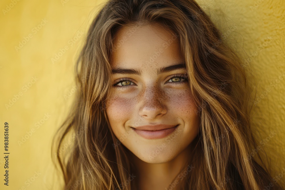 Show a close-up of a young woman with long, wavy hair and a thoughtful expression Show a close-up of a young woman with long, wavy hair and a thoughtful expression