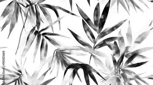 Tropical seamless pattern featuring watercolor palm leaves and bamboo Black and white design for exotic swimwear Summer themed repeated print with creative textile illustration