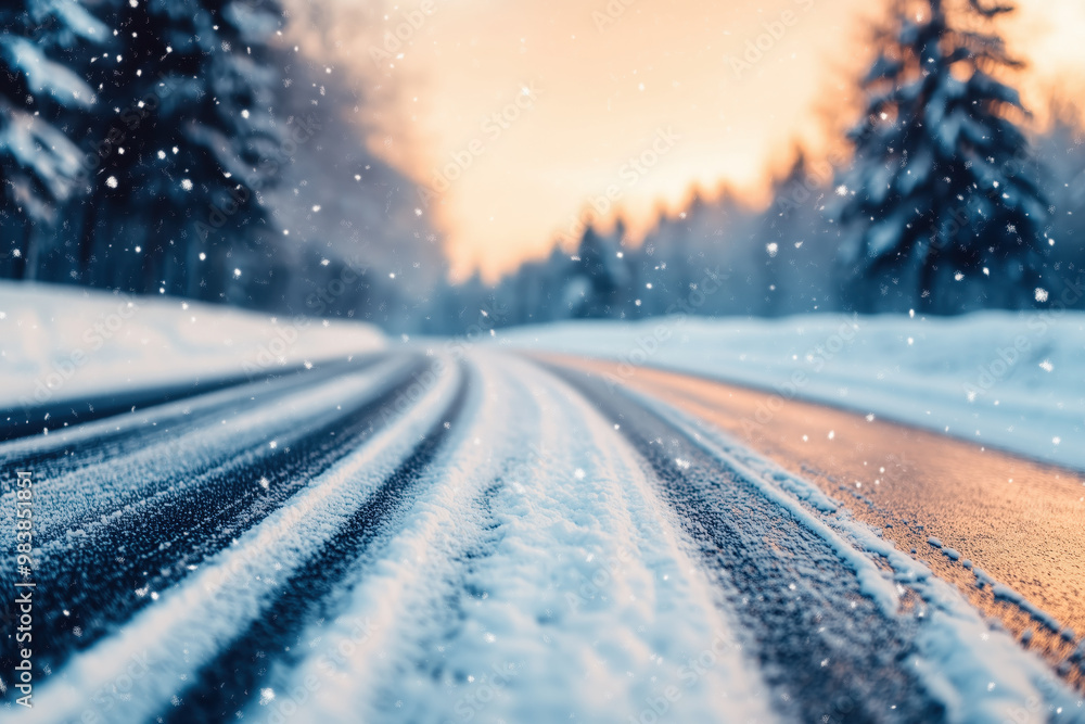 Snow-covered road with car tire tracks during a snowfall, winter landscape with trees and frosty conditions, scenic winter drive Snow-covered road with car tire tracks during a snowfall, winter landscape with trees and frosty conditions, scenic winter drive