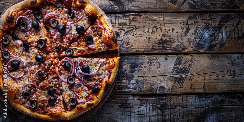 Savory Pizza with Olives and Onions on a Rustic Wooden Table Savory Pizza with Olives and Onions on a Rustic Wooden Table