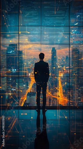 Businessman Looking Out Window at Cityscape with Network Connections.