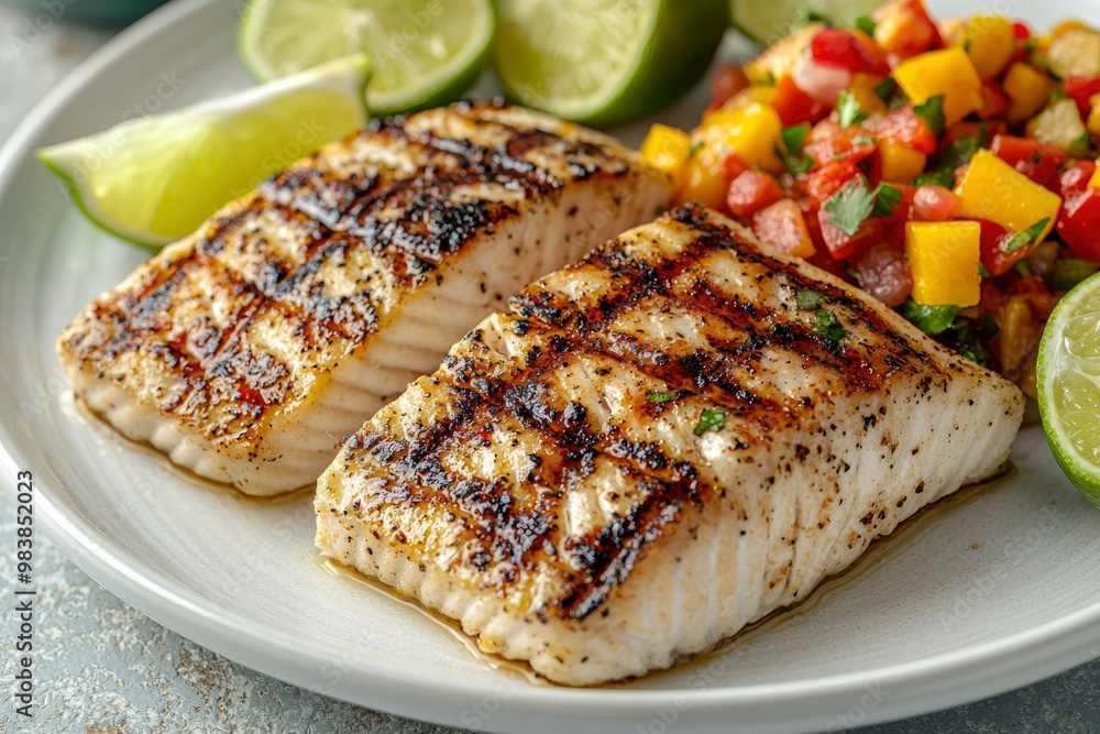 Two Grilled Fish Fillets with Mango Salsa and Lime Wedges Two Grilled Fish Fillets with Mango Salsa and Lime Wedges