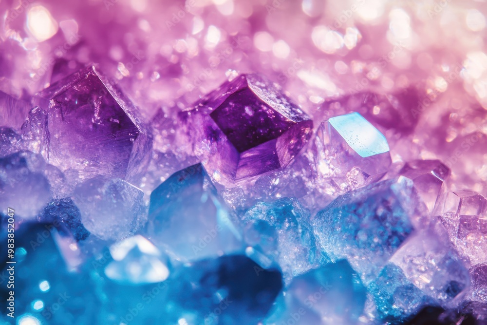 Show an image of sparkling crystals in shades of blue and purple, with light shining off them Show an image of sparkling crystals in shades of blue and purple, with light shining off them
