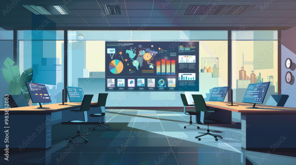 A modern office space featuring vibrant infographic display on wall, showcasing data visualizations and charts. atmosphere is professional and organized. A modern office space featuring vibrant infographic display on wall, showcasing data visualizations and charts. atmosphere is professional and organized.