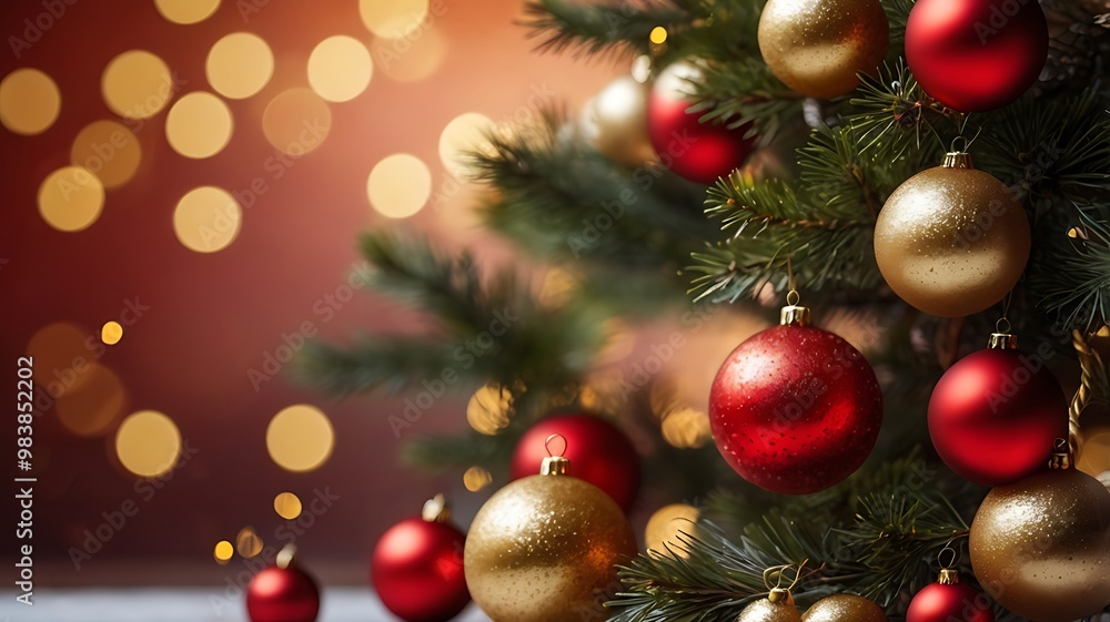 Christmas tree with ornaments and golden stars on the bokeh lights background Christmas tree with ornaments and golden stars on the bokeh lights background