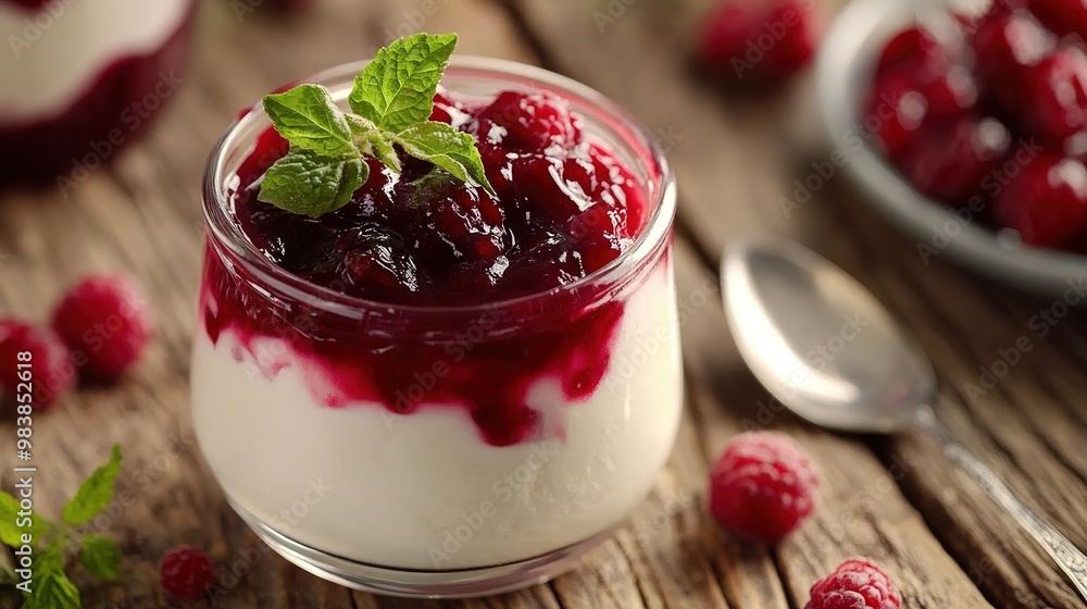 Natural Greek yogurt paired with forest fruit jam in a delicious and healthy combination. Natural Greek yogurt paired with forest fruit jam in a delicious and healthy combination.