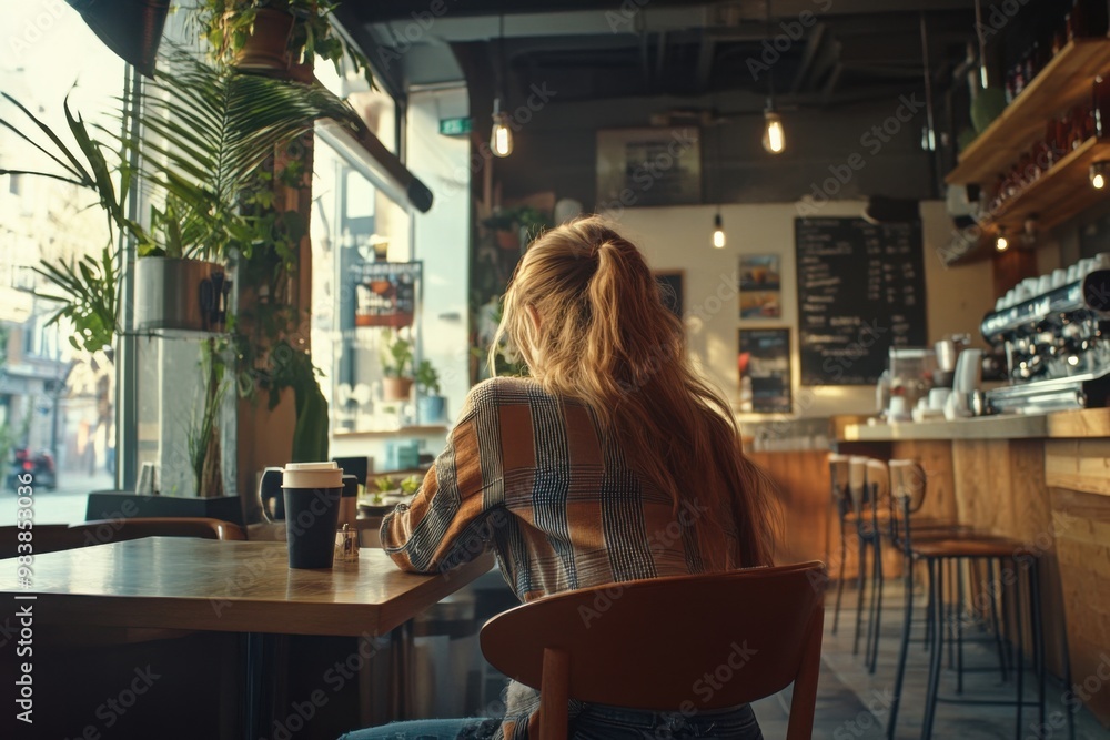 Stylish influencer creating content in an trendy cafe Stylish influencer creating content in an trendy cafe