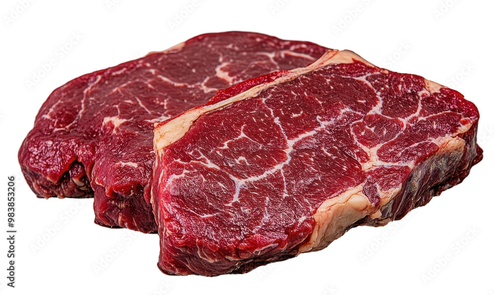 Two raw bison steaks with marbled texture, transparent background. Two raw bison steaks with marbled texture, transparent background.
