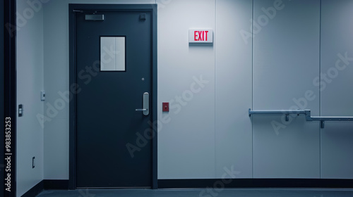 A dark office door with small window and an exit sign above it creates sense of urgency and safety.