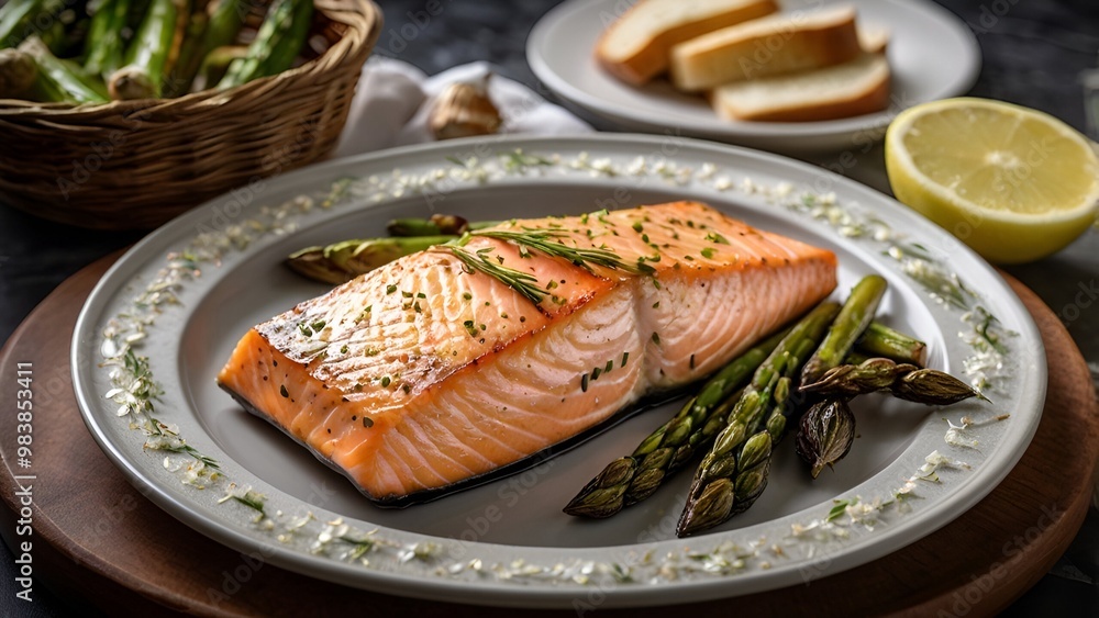 A delectably savory garlic butter salmon, delicately plated on a ceramic dish. A delectably savory garlic butter salmon, delicately plated on a ceramic dish.
