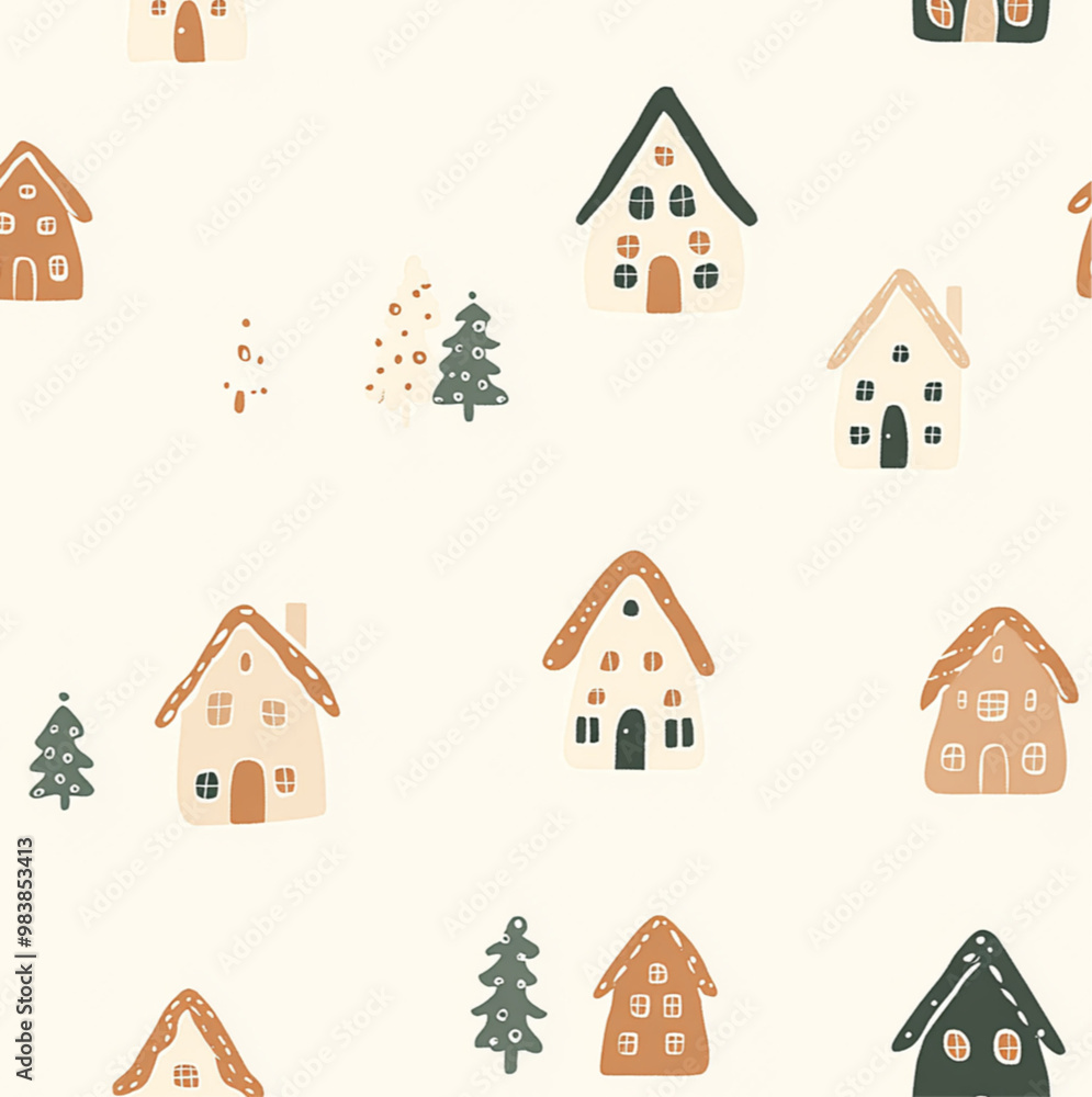 Fototapeta premium A minimalist handdrawn pattern of gingerbread houses pale colours, cool tones, beige background 