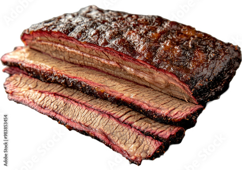 Sliced brisket with a smoky crust, showing tender interior layers, transparent background. photo