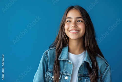 Smiling pretty gen z brunette Latin girl, cute happy teen Hispanic student wearing a blue denim t shirt