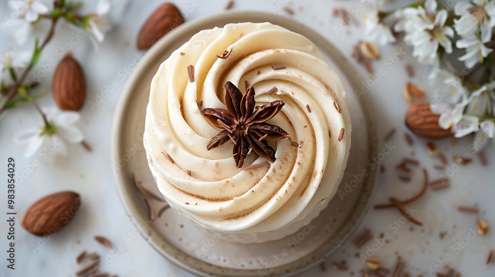 Raw organic almond cream almond filled cascade spirals on a basic backdrop Raw organic almond cream almond filled cascade spirals on a basic backdrop