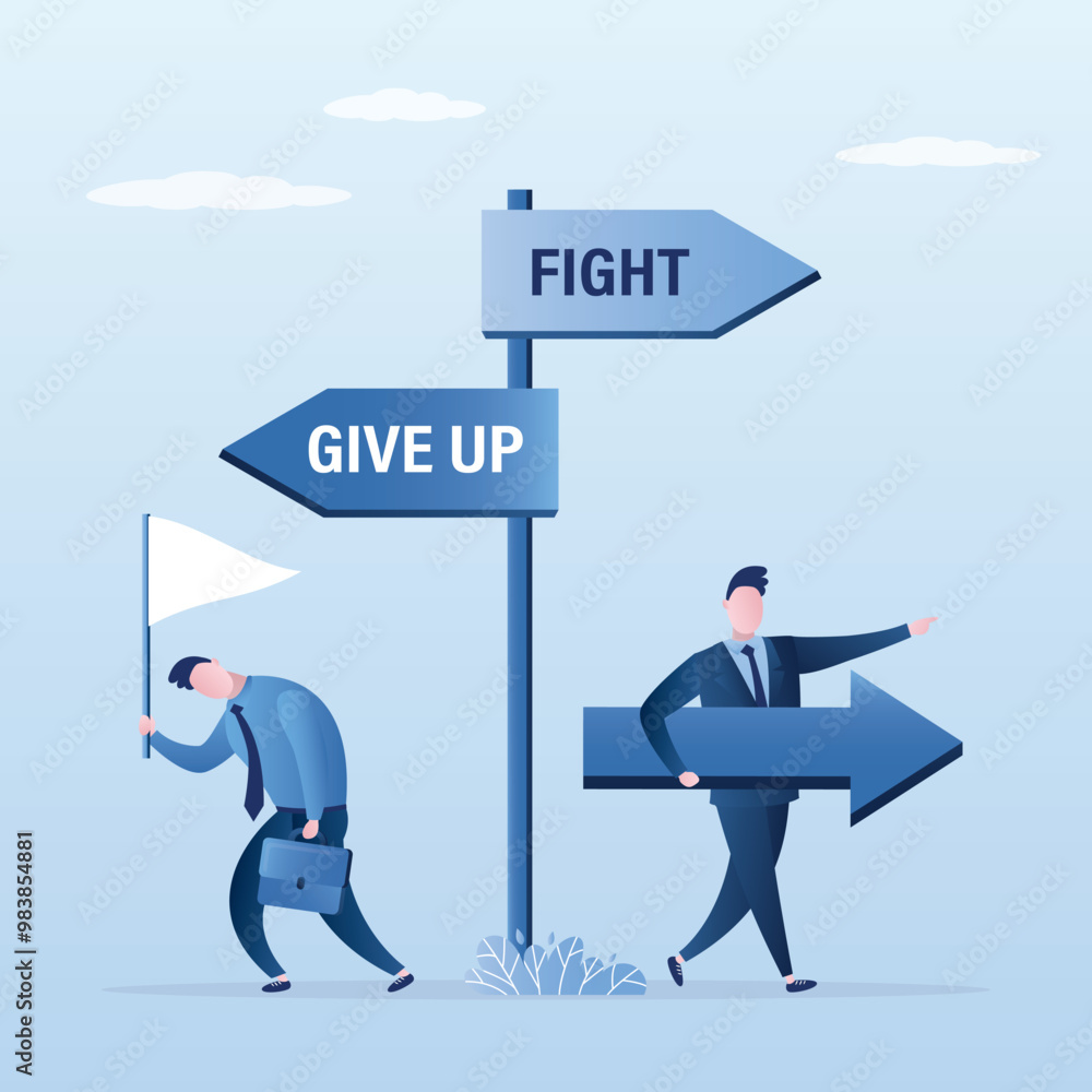 Crossroad with arrows. Winner and loser. sad businessman waving white flag. Ambitious entrepreneur dont give up and fight. Concept of overcoming obstacles and win. Crossroad with arrows. Winner and loser. sad businessman waving white flag. Ambitious entrepreneur dont give up and fight. Concept of overcoming obstacles and win.