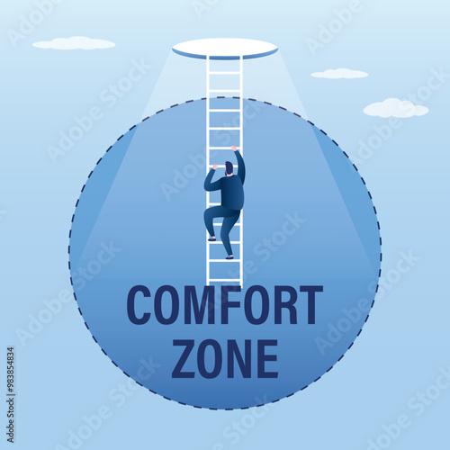 Confident man trying to break out of his comfort zone to success. Businessman uses ladder and climb out of comfort zone. Courage, determination, explore new opportunities