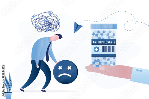 Care, help and support for mental disorders and trauma. Sick man depression swamp with bad mood. Doctor hand give medicines. Psychologist give antidepressants. Frustration.