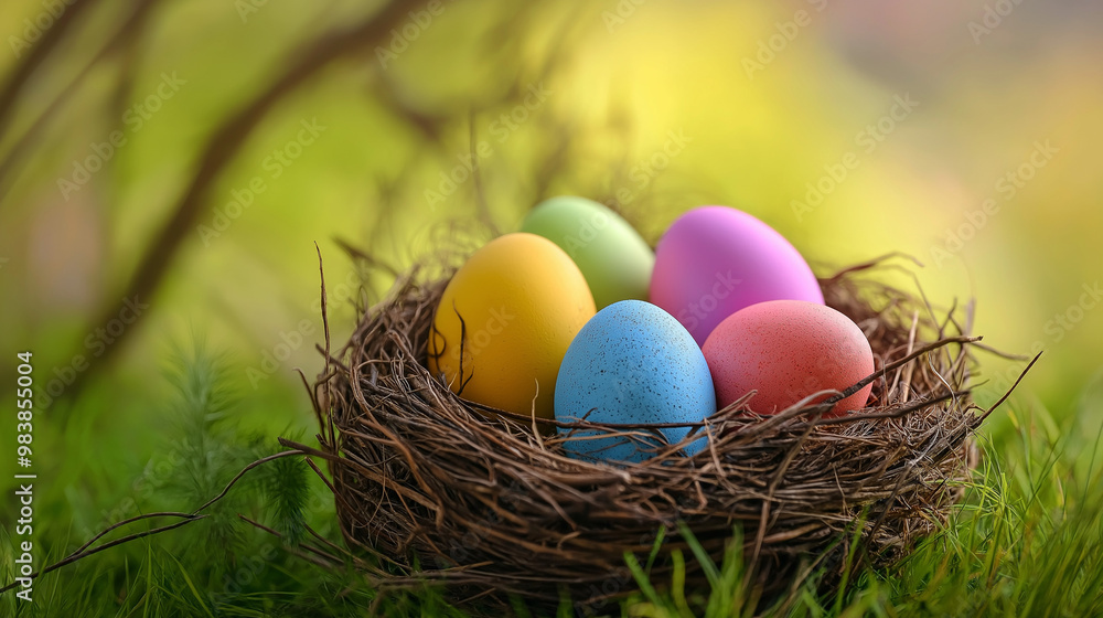 Colorful Easter eggs rest in the nest as a beautiful background Colorful Easter eggs rest in the nest as a beautiful background