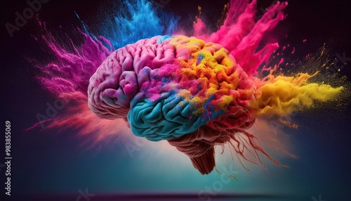 Colorful powder explosion in the shape of a human brain isolated on a dark backgroun