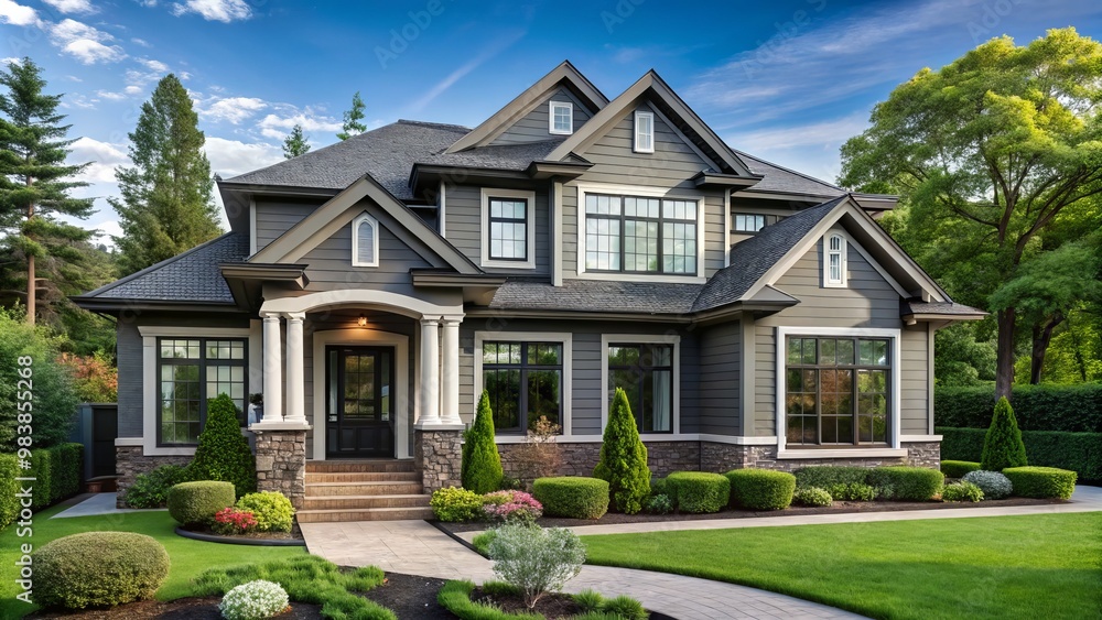 Elegant grey house with black trim and white accents nestled amidst lush greenery Elegant grey house with black trim and white accents nestled amidst lush greenery