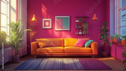 Bright and vibrant living room with orange sofa, colorful cushions, lush green plants, and sunlight illuminating pink walls. AI generated