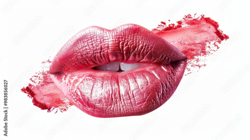 Close-up of smudged lip print with parted lips in vibrant lipstick, isolated on a clean white background, perfect for beauty, makeup, and fashion-themed visuals. Close-up of smudged lip print with parted lips in vibrant lipstick, isolated on a clean white background, perfect for beauty, makeup, and fashion-themed visuals.