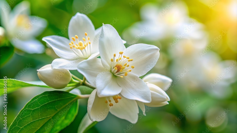 Ethereal and lovely, the elegant jasmine flower unfurls its white petals and soft pink centre, releasing a subtle Ethereal and lovely, the elegant jasmine flower unfurls its white petals and soft pink centre, releasing a subtle