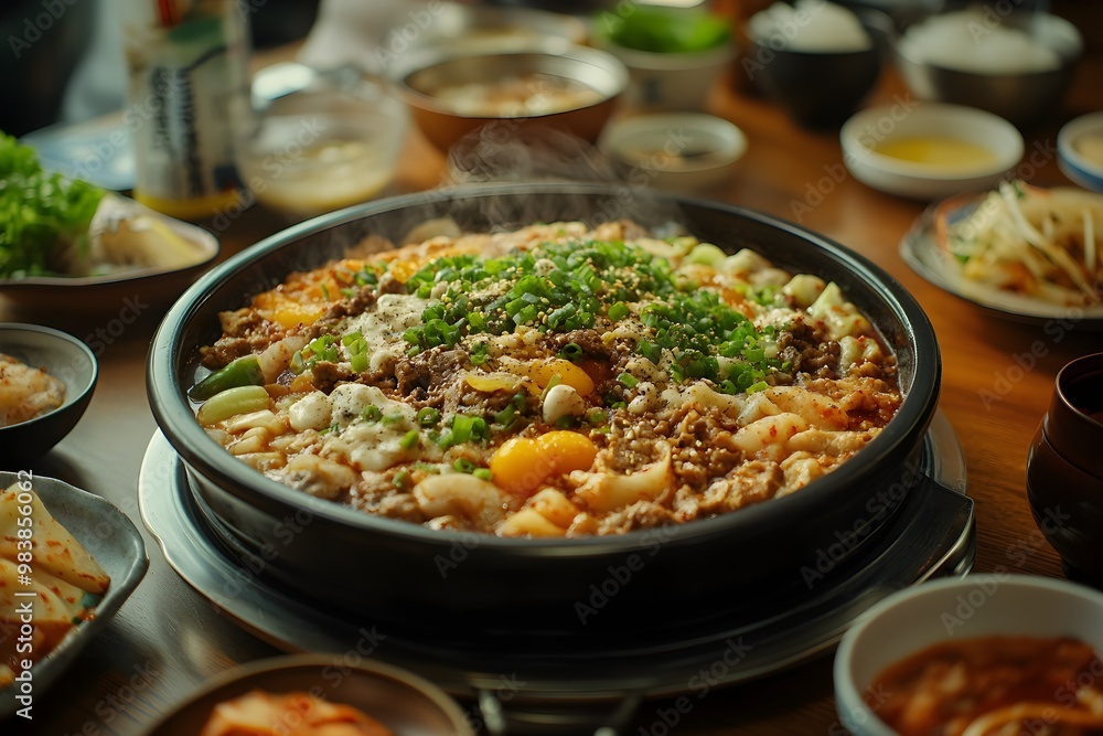 This is a Korean table setting taken at a high-end Korean restaurant with various side dishes and a stew made with various minced meats, eggs, and soft tofu boiled in an earthen pot. This is a Korean table setting taken at a high-end Korean restaurant with various side dishes and a stew made with various minced meats, eggs, and soft tofu boiled in an earthen pot.