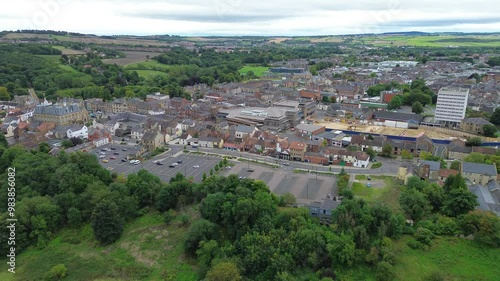 Aerial of Bishop Auckland Town Centre, with carpark and market place in view. County Durham - UK photo