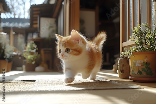 A cute, short-haired, fat pet kitten happily roams the veranda of a rural home in Asia. photo