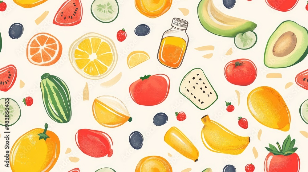 Seamless pattern featuring nutritious food items Seamless pattern featuring nutritious food items
