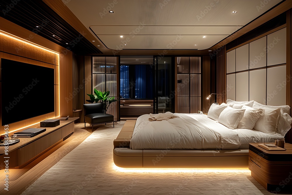 This is an interior photo of a clean and luxurious accommodation with a large TV, sunny windows, adequate lighting, white blankets, luxurious beds, and plenty of white pillows. This is an interior photo of a clean and luxurious accommodation with a large TV, sunny windows, adequate lighting, white blankets, luxurious beds, and plenty of white pillows.