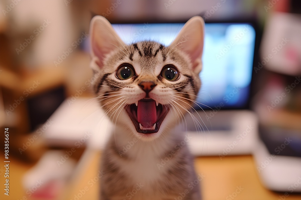 Cute white and gray striped pet cat with eyes wide open and mouth open meowing in living room looking for owner Cute white and gray striped pet cat with eyes wide open and mouth open meowing in living room looking for owner