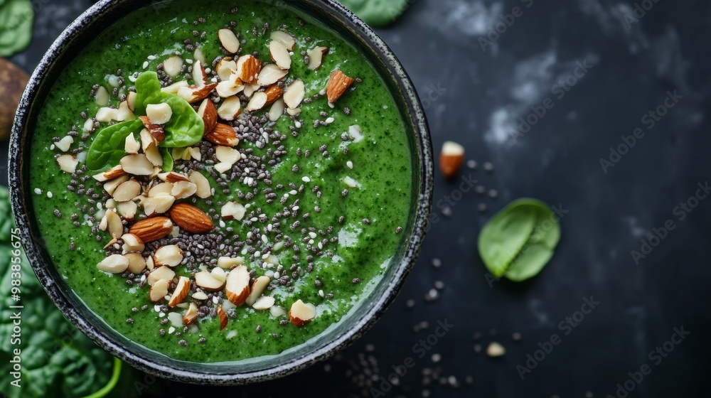 Green Smoothie Bowl with Almonds and Chia Seeds.