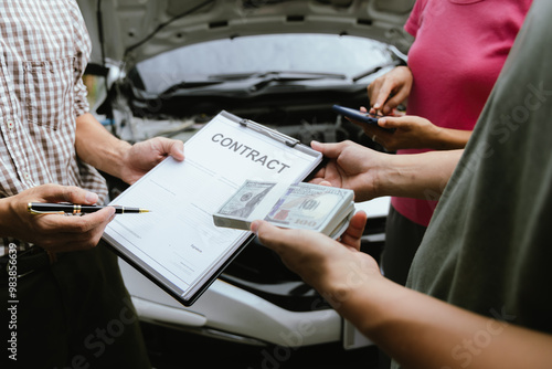 Asian woman involved in car accident, insurance agent and expert analyze the incident to seek compensation, while disgruntled driver argues over the damages caused.