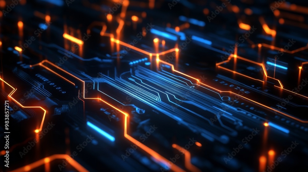Abstract Circuit Board with Orange and Blue Glowing Lines. Abstract Circuit Board with Orange and Blue Glowing Lines.