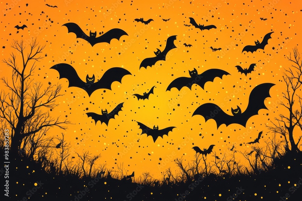 Halloween Night Scene With Flying Bats Silhouetted Against Orange Sky Halloween Night Scene With Flying Bats Silhouetted Against Orange Sky