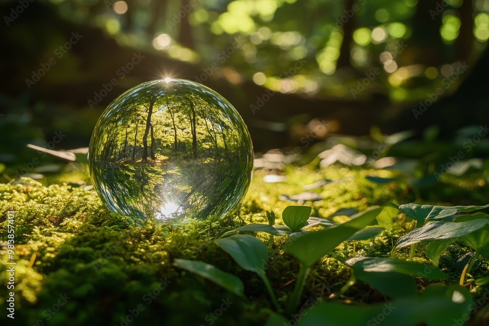 A close-up image of a glass sphere lying on a bed of green moss and small plants A close-up image of a glass sphere lying on a bed of green moss and small plants