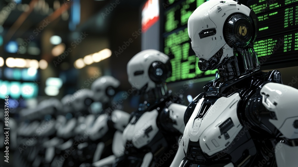 Row of Humanoid Robots in a Futuristic Setting. Row of Humanoid Robots in a Futuristic Setting.