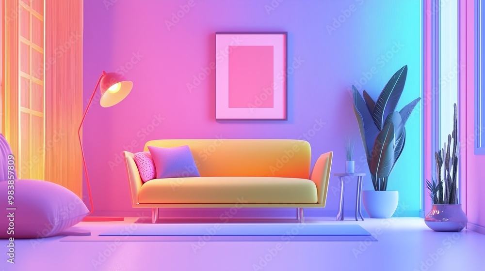 Colorful living room featuring a bright yellow sofa, vibrant pink cushions, soft lighting from a stylish lamp, and lush greenery accentuating the walls in a playful atmosphere.
Colorful living room featuring a bright yellow sofa, vibrant pink cushions, soft lighting from a stylish lamp, and lush greenery accentuating the walls in a playful atmosphere.