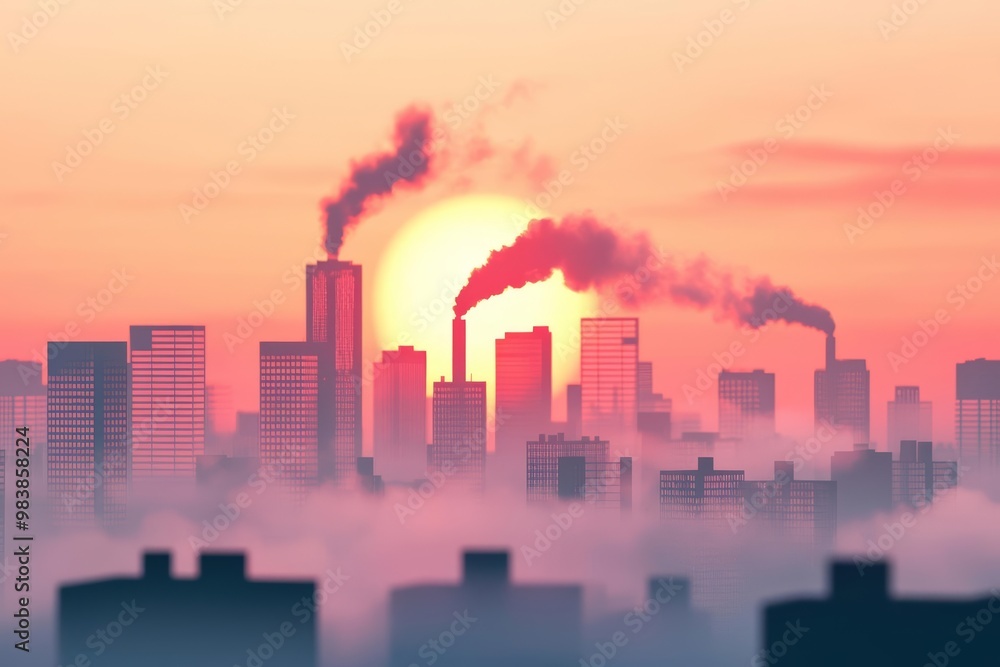 Fototapeta premium City covered in smog, air pollution, climate change effects, 3D illustration