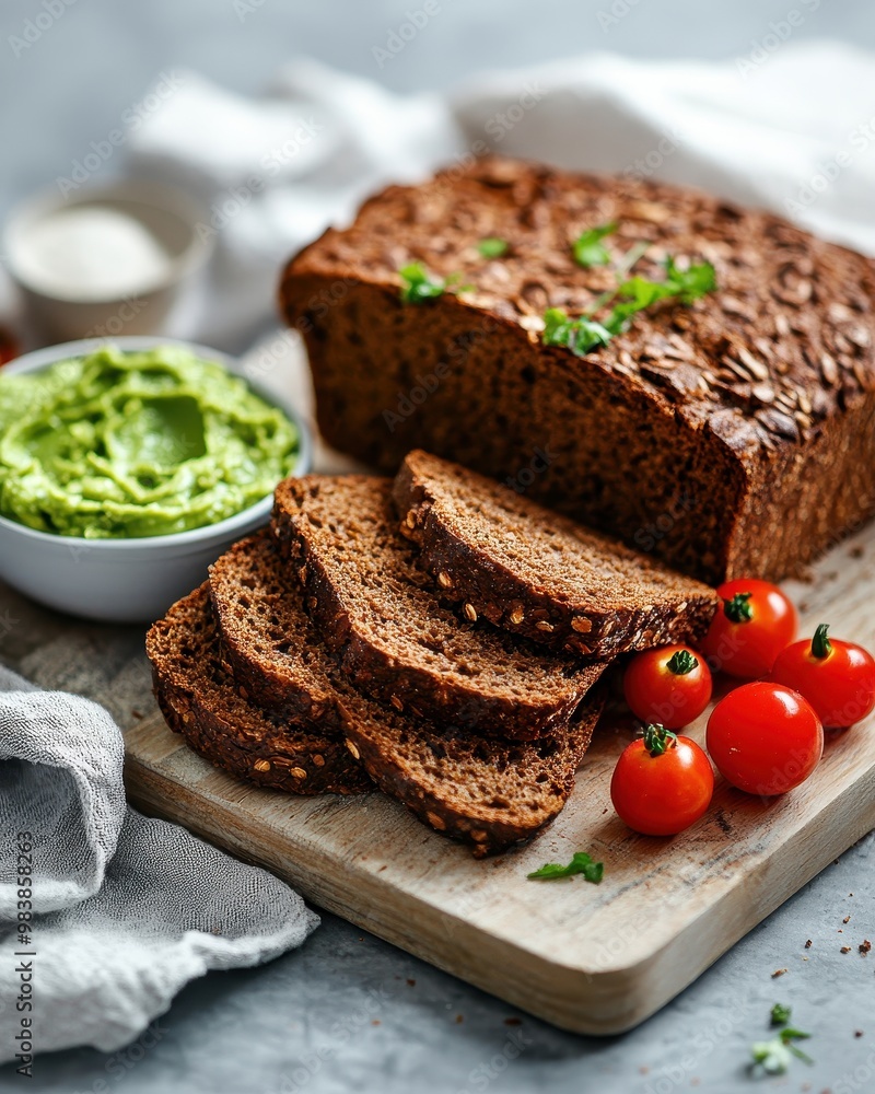 A loaf of bread with slices, served with green spread and cherry tomatoes on a wooden board. A loaf of bread with slices, served with green spread and cherry tomatoes on a wooden board.